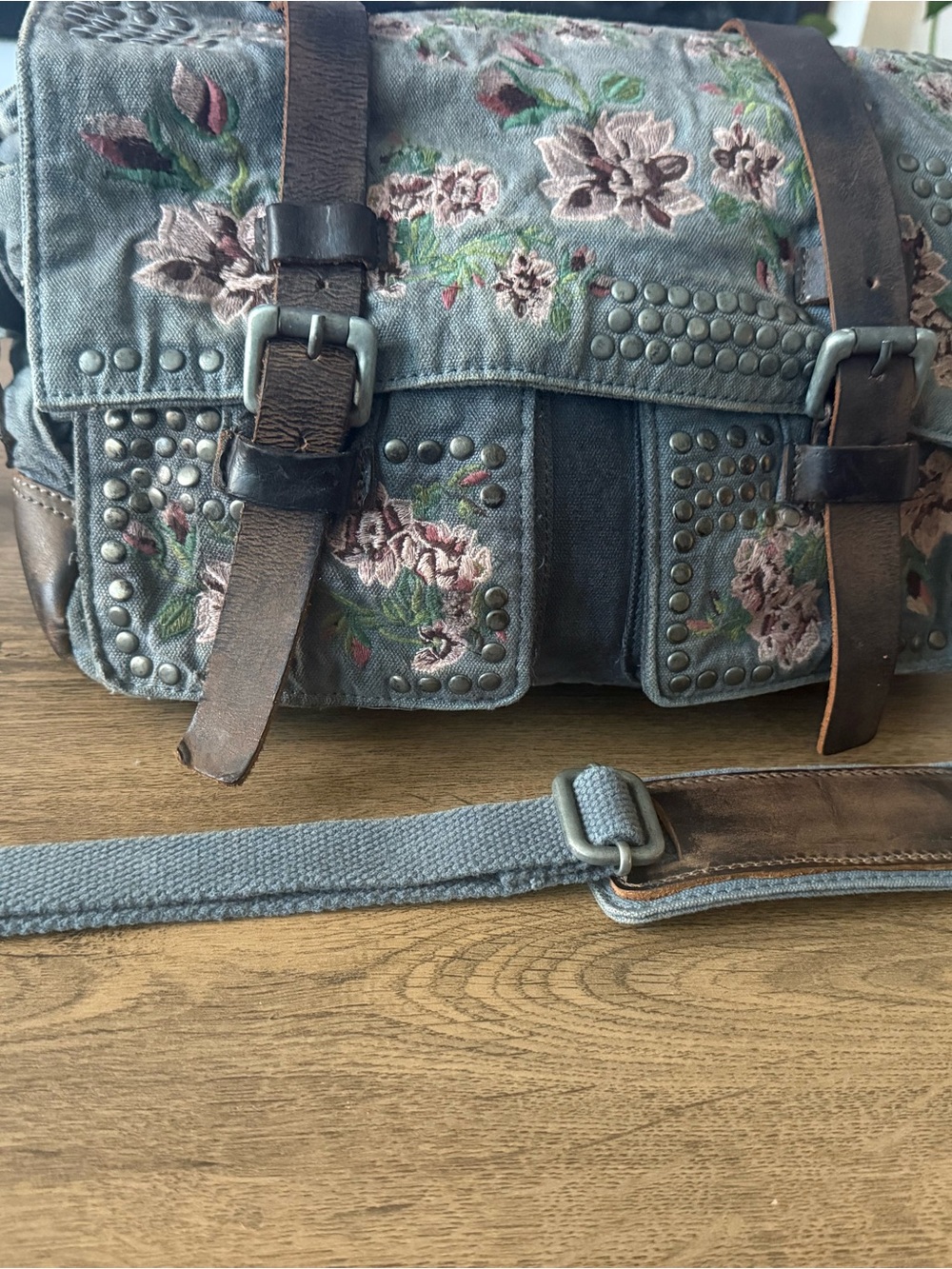 Free People Embroidered Floral Denim Crossbody Bag - Blue